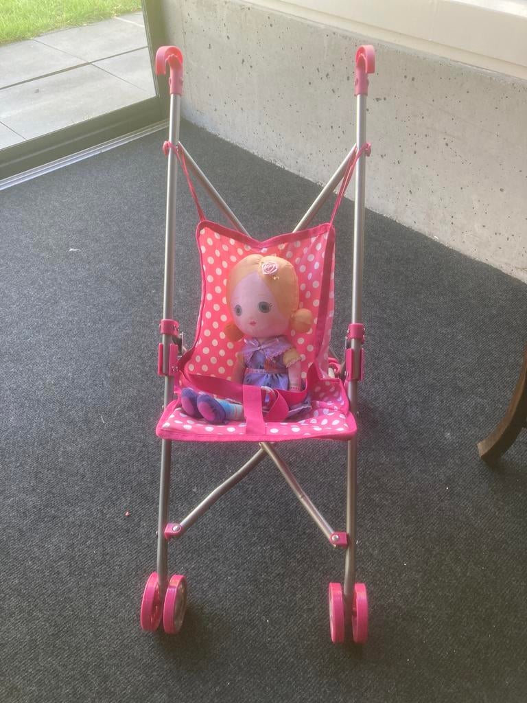 Poppenwagen met pop - Roze met stippen, Ophalen, Gebruikt, Babypop