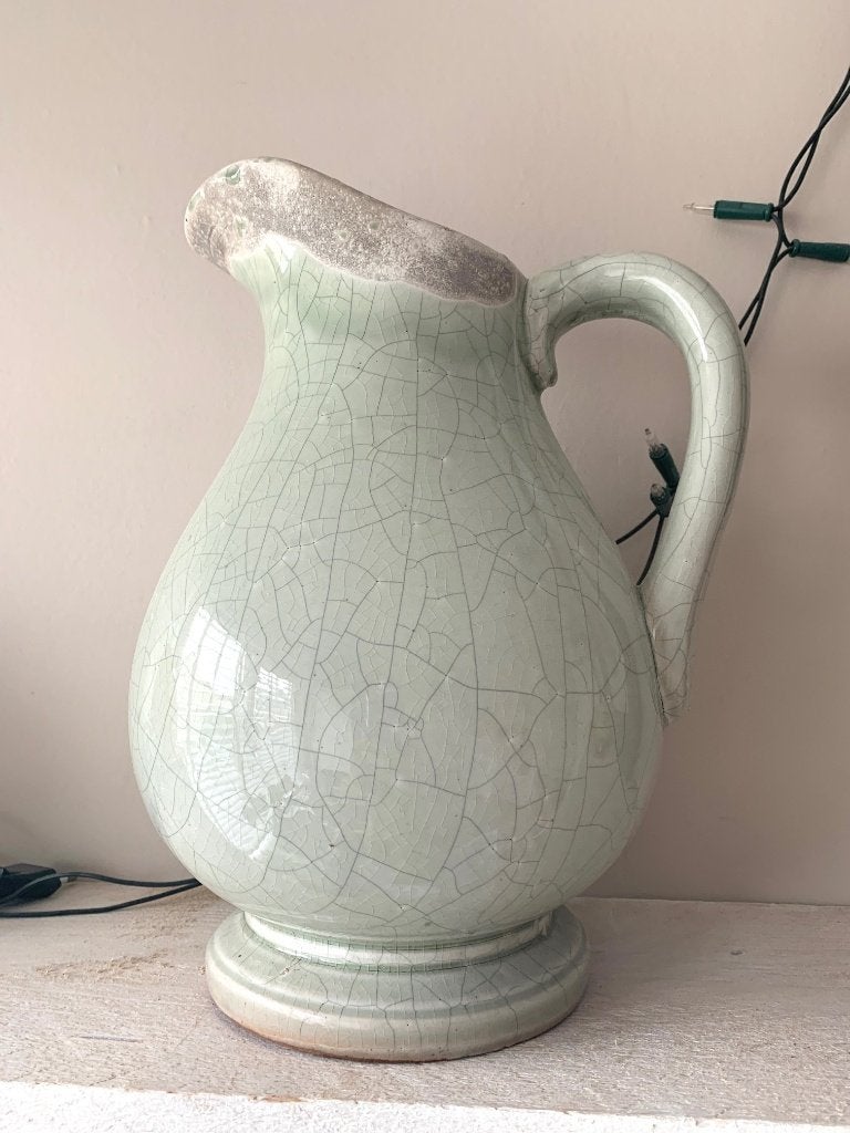 Grote keramische vaas / lampetkan met craquelé - lichtgroen, 31 cm, Met handvat, Nieuw, Ophalen of Verzenden