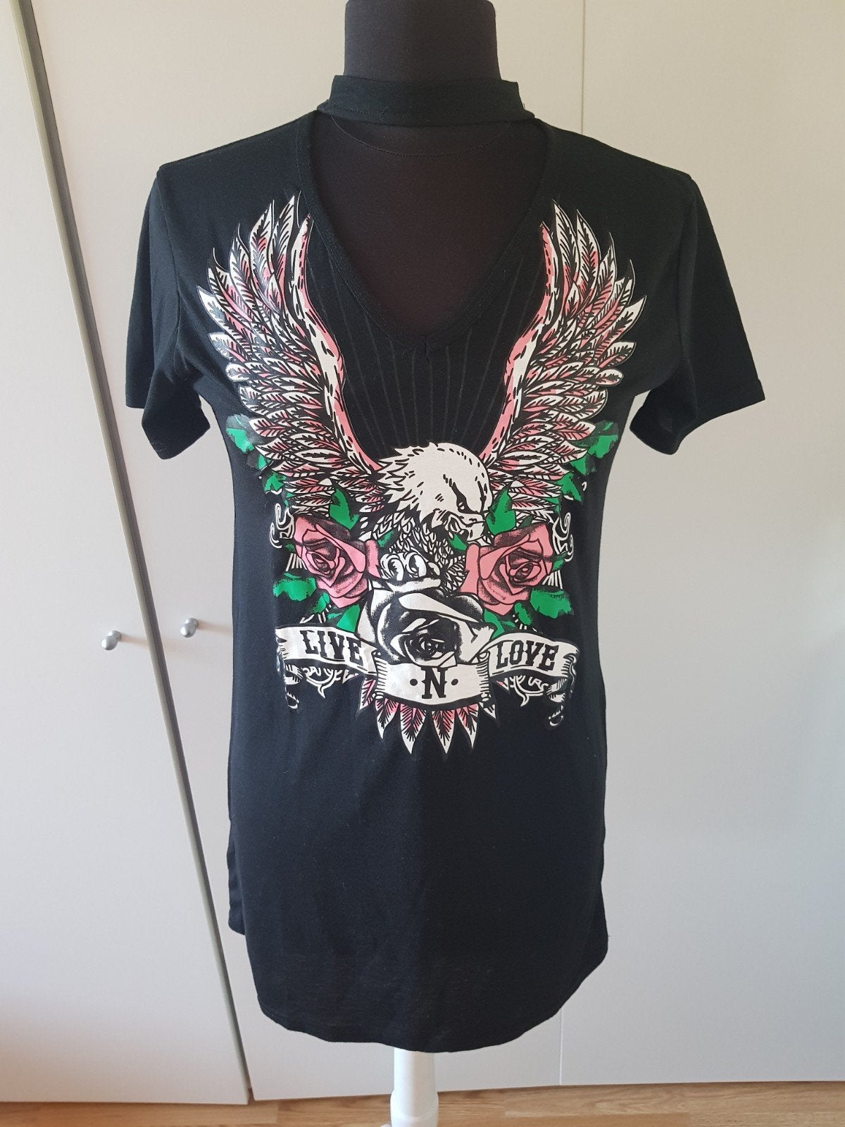 Stoer zwart T-Shirt met Eagle print & choker – maat XL, Zwart, Maat 46/48 (XL) of groter, Ophalen of Verzenden, Zo goed als nieuw