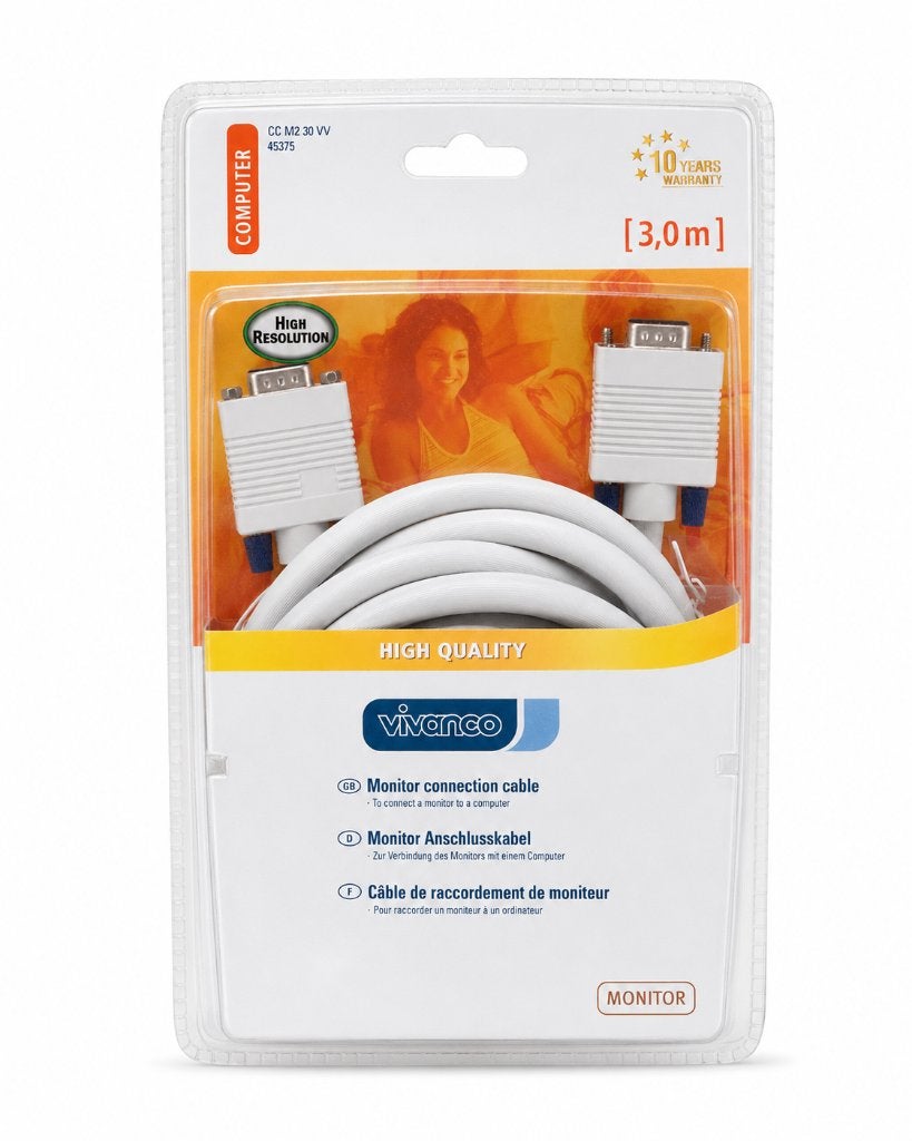 Vivanco VGA Monitor Kabel 3 Meter – HD 15-Pin Male naar Male, ., Nieuw, Ophalen of Verzenden, .