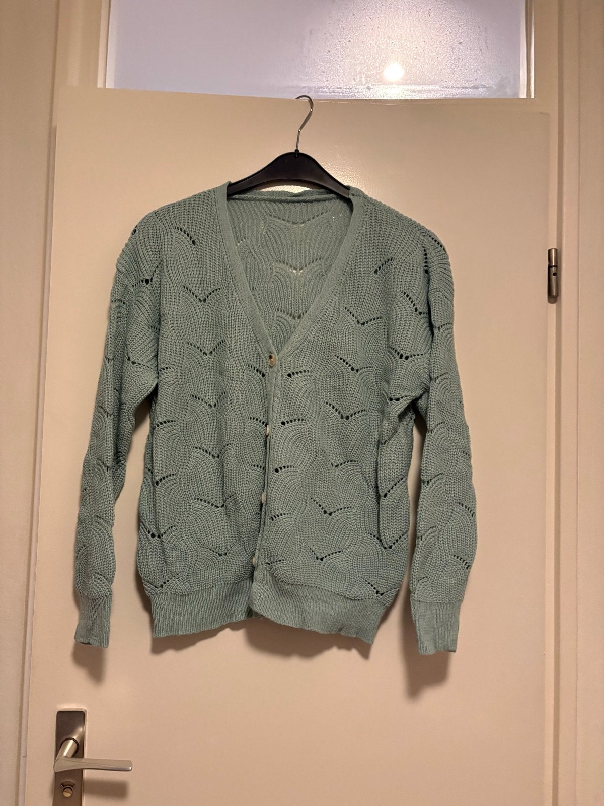 Lichtgroen gehaakt vest met knopen, Ophalen of Verzenden, Zo goed als nieuw, Maat 42/44 (L), Groen