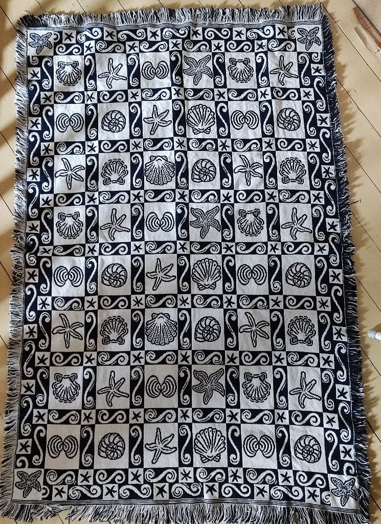 Vintage blauw wit strandkleed jacquard katoen, Ophalen of Verzenden