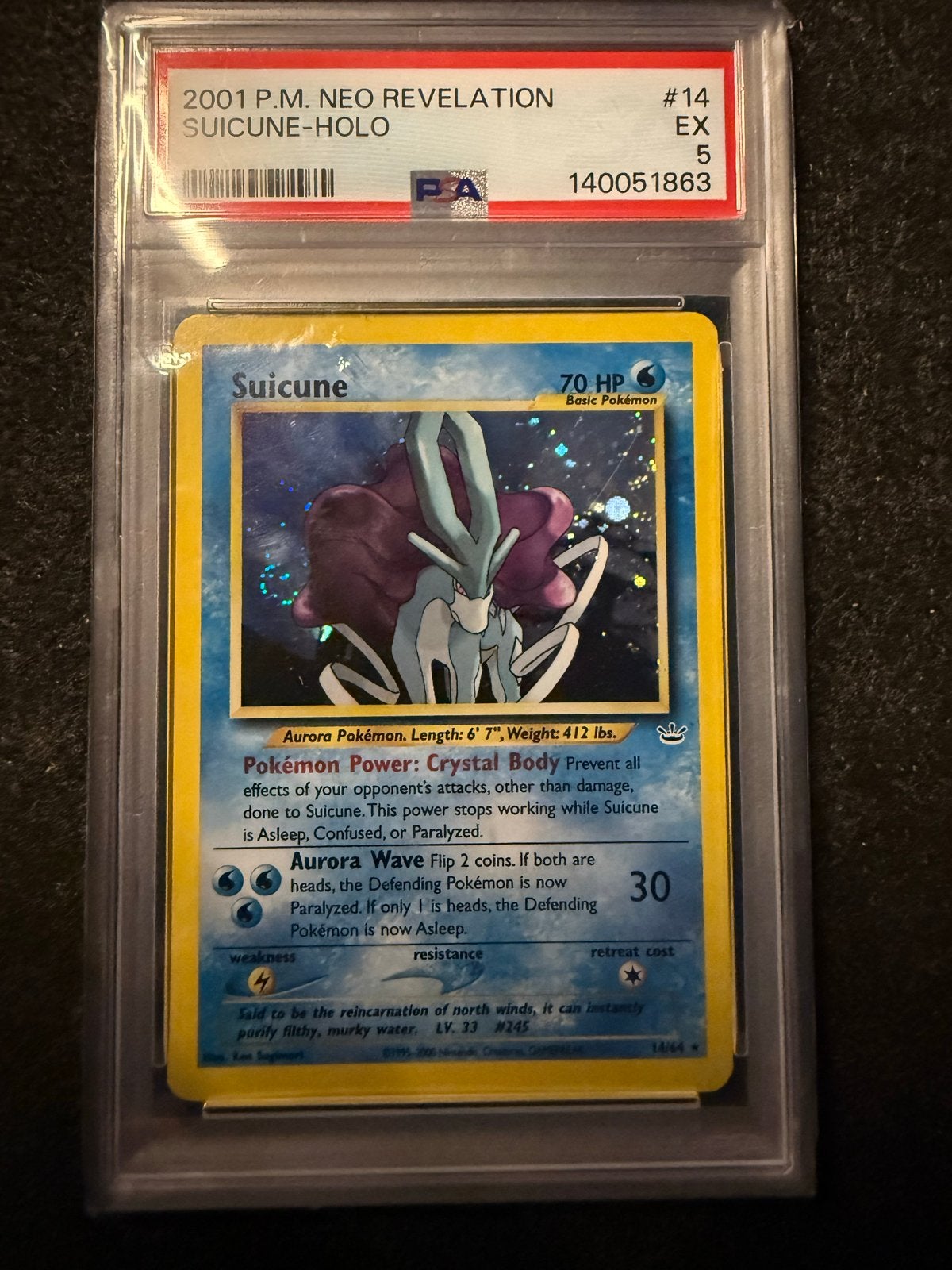 Pokémon Suicune Holo Neo Revelation PSA 5 EX #14, Ophalen of Verzenden, Gebruikt, Losse kaart, Foil