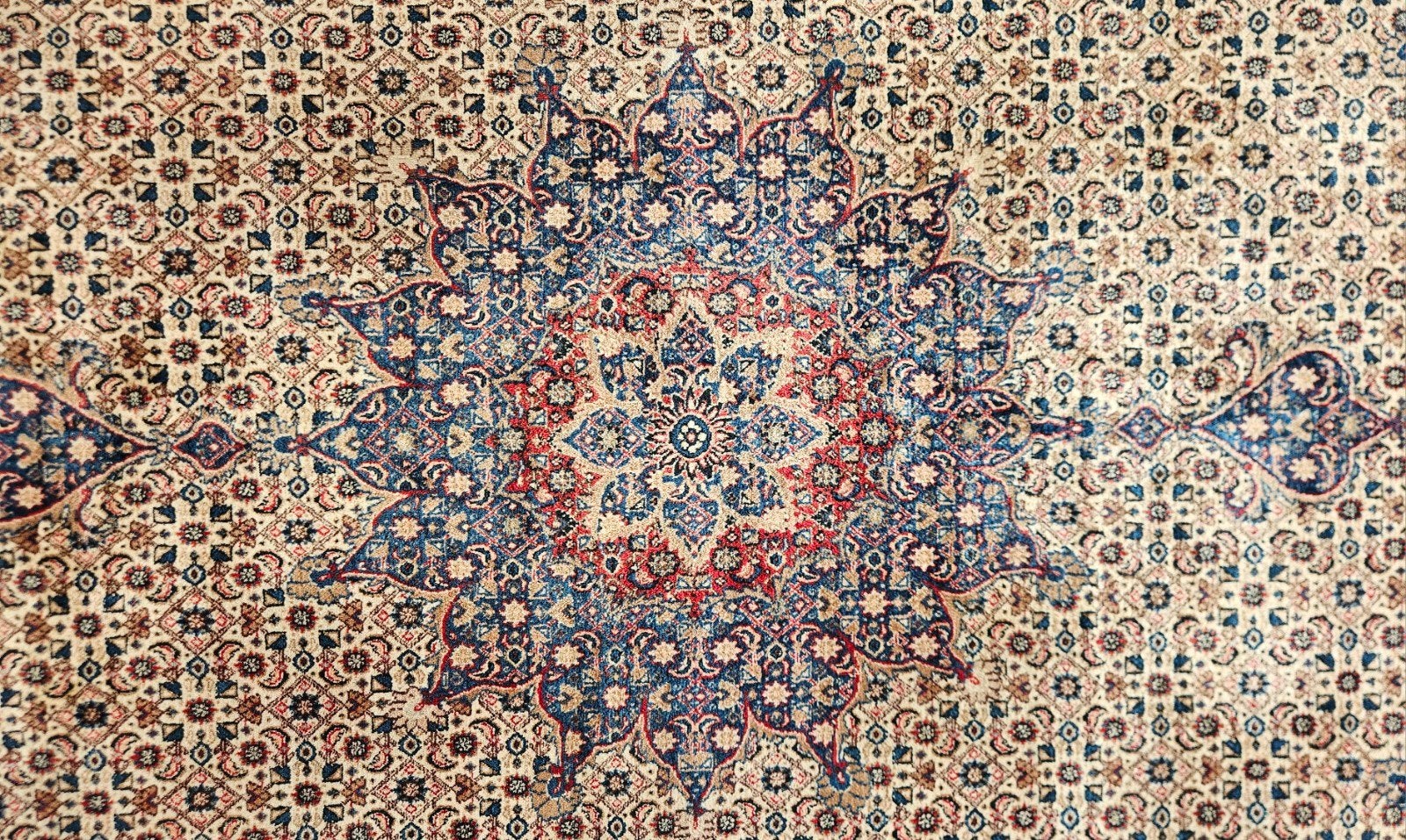 Handmade Persian wool Moud carpet medallion Iran 278x385cm, Crème, Gebruikt, Onbekend, Ophalen of Verzenden