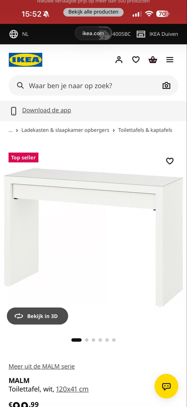 Ikea MALM toilettafel met glasplaat, Huis en Inrichting, 100 tot 150 cm, Ophalen of Verzenden, Zo goed als nieuw, Minder dan 100 cm