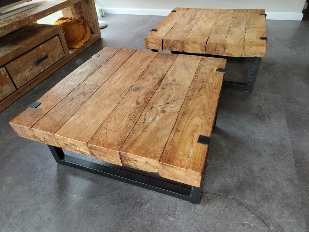 Set van 2 teak houten salontafels, Ophalen, 50 tot 100 cm, Teakhout, Vierkant