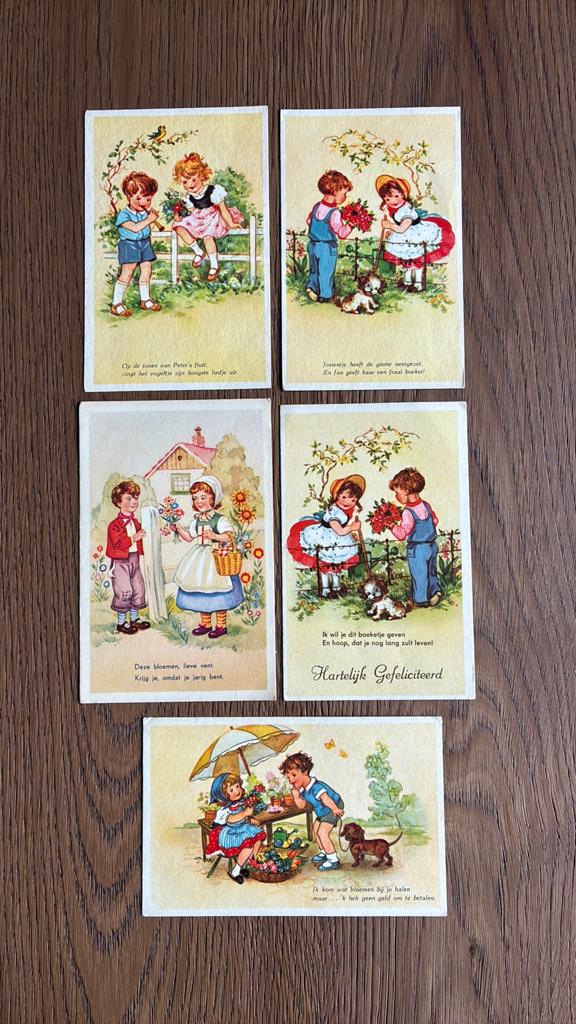 Kinderkaarten met rijm.Kinderen,hond,bloemenkraam etc, Ophalen of Verzenden, Kinderen