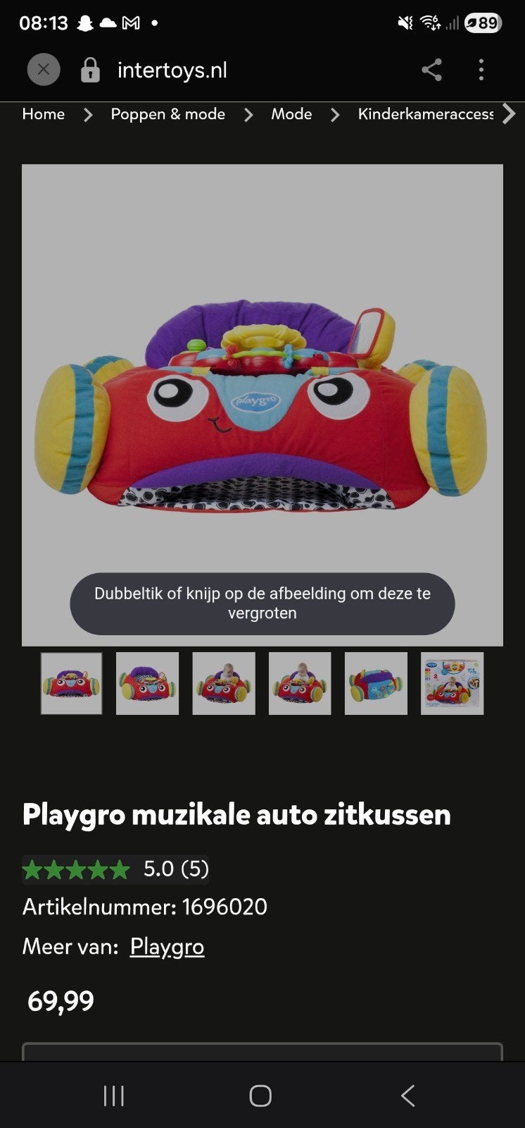 Playgro muzikale auto zitkussen, Ophalen, Zo goed als nieuw, Auto, Met geluid