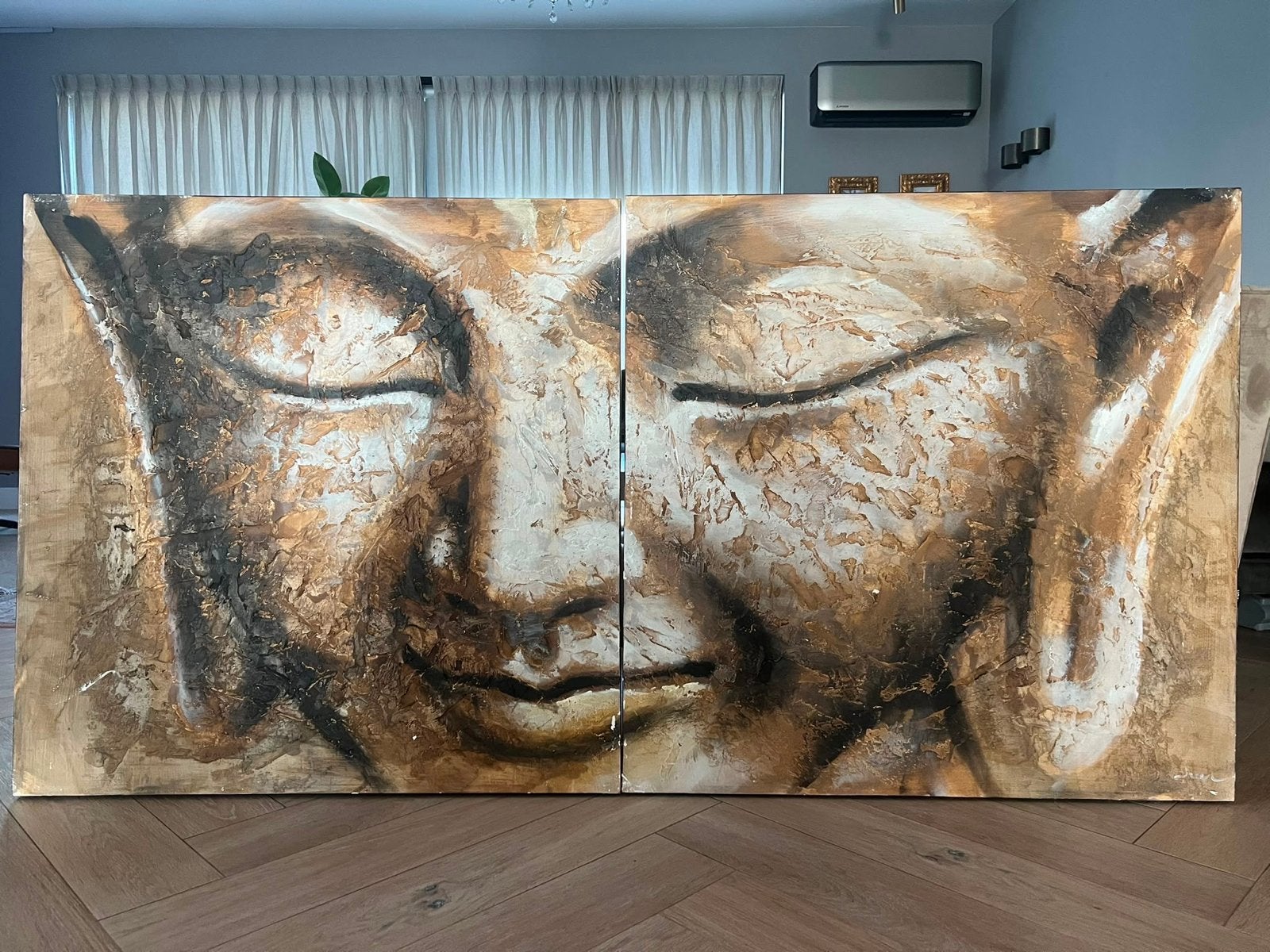 Boeddha schilderij - Handgeschilderd door JUUl (2x 90x90cm), Ophalen, Overig onderwerp, Handgeschilderd, Olieverf