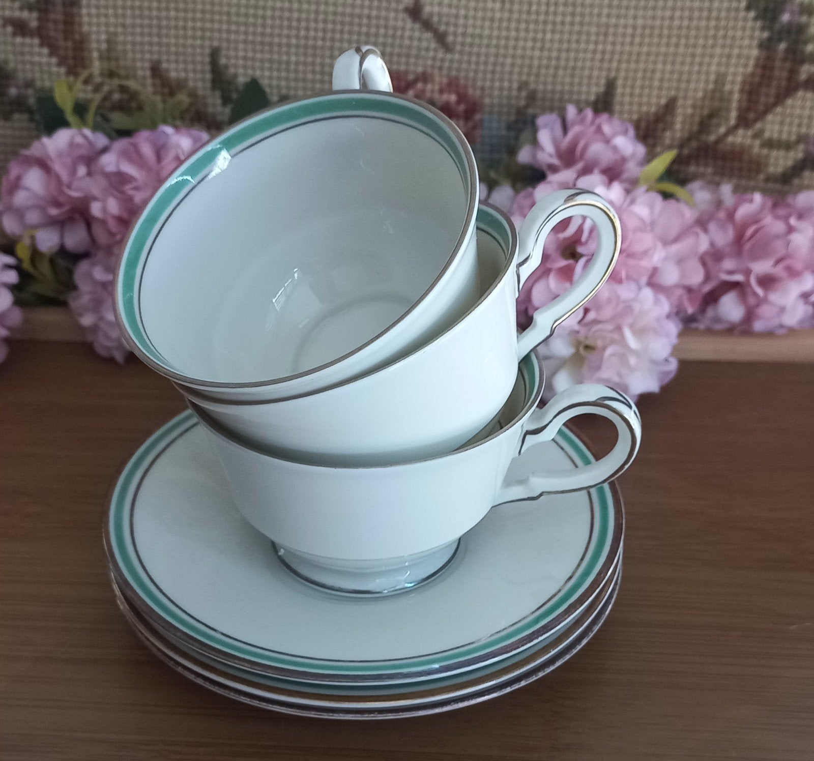 Set van 3 mokka-kopjes met schoteltjes, groene rand, Bavaria, Ophalen of Verzenden