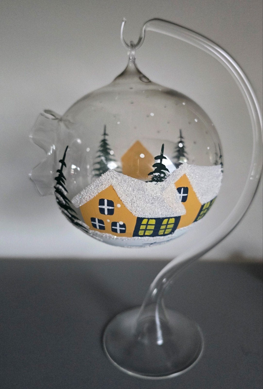 vintage kerst ornament glazen bol aan glazen standaard, Ophalen of Verzenden, Gebruikt