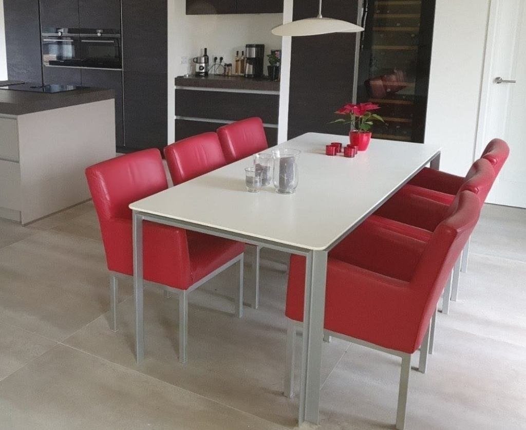 Set van 6 echt LEREN design Topform eetkamerstoelen, Huis en Inrichting, Stoelen, Ophalen, Zo goed als nieuw, Rood, Vijf, Zes of meer stoelen