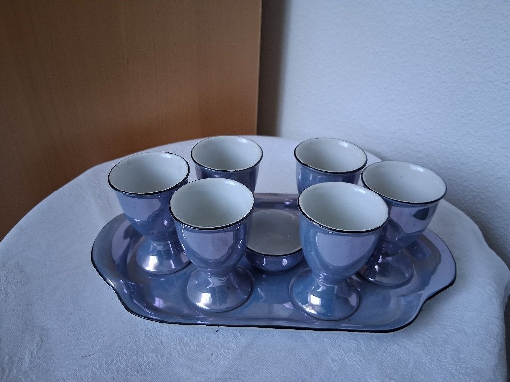 Antieke eierdopjes set porselein 8 delig *eureka*, Ophalen of Verzenden
