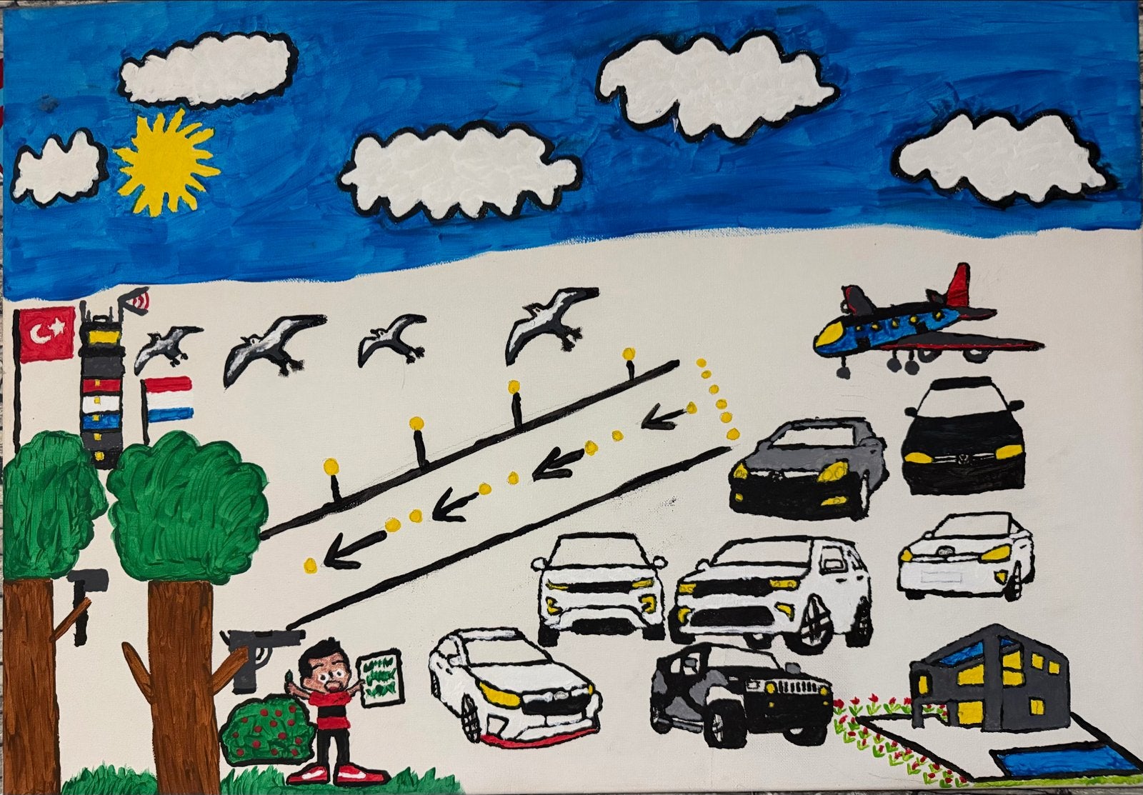 Levendig schilderij met vliegveld, auto's en figuren, Antiek en Kunst, Acrylverf, Doek, Realistisch, Ophalen of Verzenden
