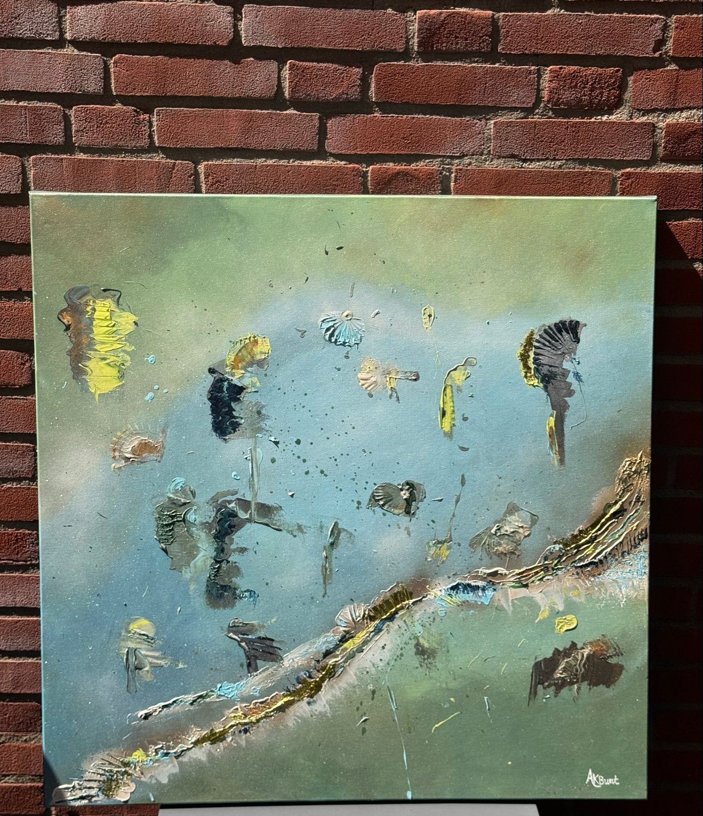 Abstract Schilderij Groen/Blauw met Bladgoud 80x80 cm, Ophalen