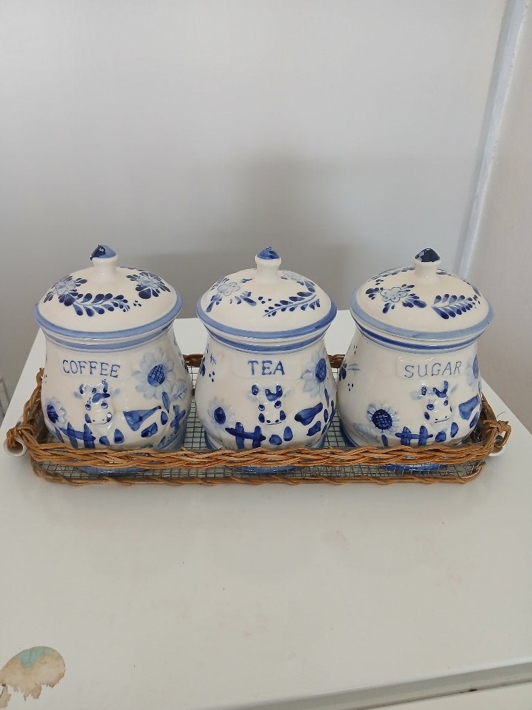 KOFFIE-THEE-SUIKERPOTTENSET MET MANDJE, Ophalen, Gebruikt, Overige materialen, Pot, Bus of Blik
