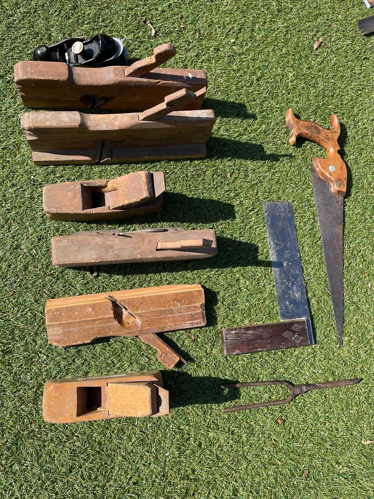 Antiek gereedschap: schaven, zaag, blokhaak, krulijzer, Ophalen of Verzenden