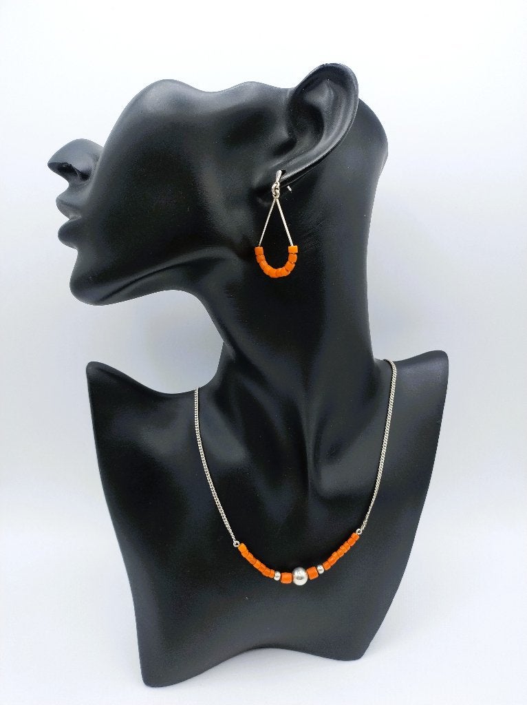 Zilveren ketting en oorbellen met bloedkoraal, 42 cm