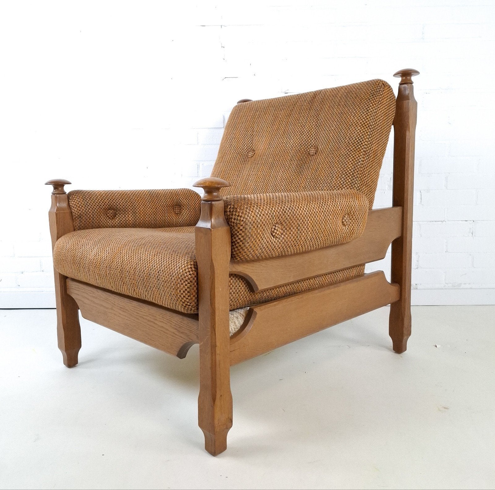 Vintage fauteuil brutalist Deens design hout stof jaren 70, Gebruikt, 75 tot 100 cm, Ophalen of Verzenden, X