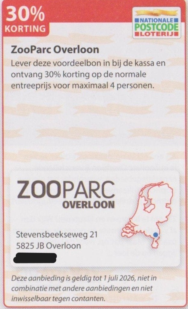 ZooParc Overloon. 30% korting. Postcodeloterij voordeelbon., Drie personen of meer, Kortingskaart