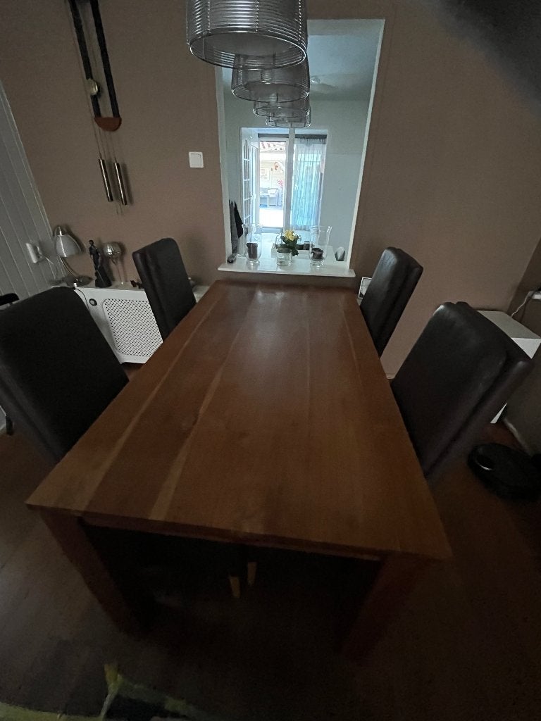 Eetkamertafel met 4 stoelen, Huis en Inrichting, Ophalen, Gebruikt, Teakhout, 50 tot 100 cm