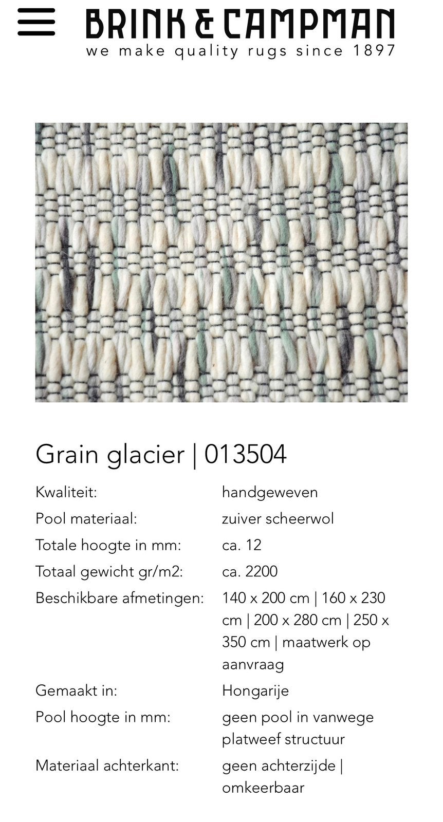 Brink en Campman Grain tapijt Glacier 160 x 230 NIEUW, Ophalen, 150 tot 200 cm, Blauw, Rechthoekig