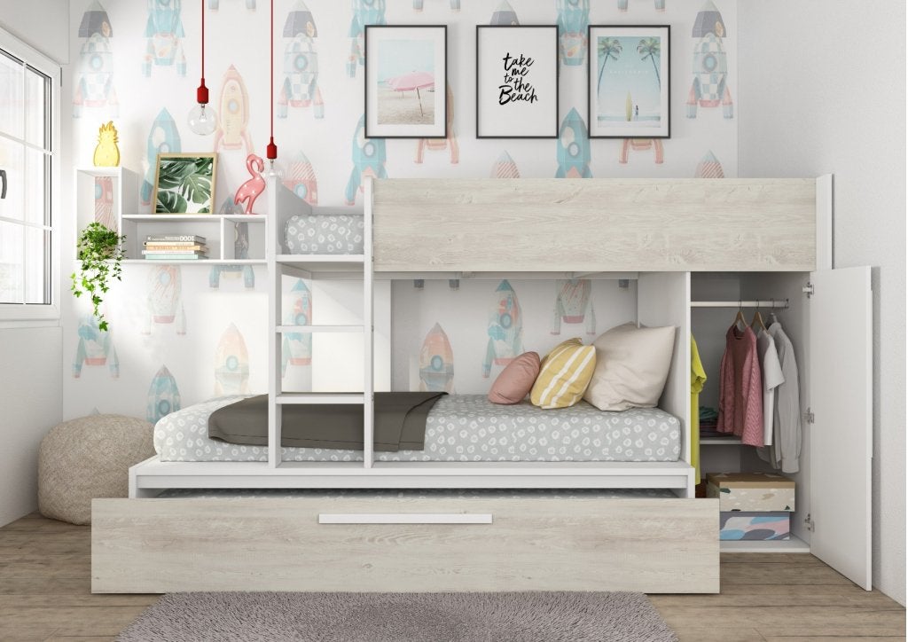 Jules stapelbed met kast en slaaplade - 90x200 - Wit, Niet ingevuld, Niet ingevuld, Niet ingevuld