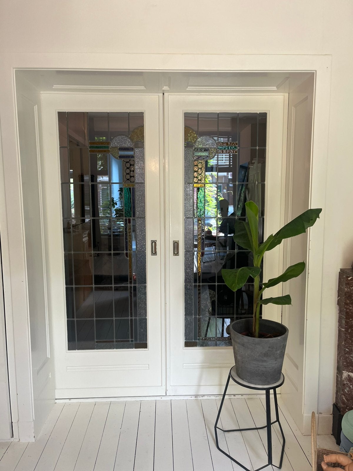 Jaren 30 glas in lood schuifdeuren, Ophalen, Binnendeur, 200 tot 215 cm, Glas