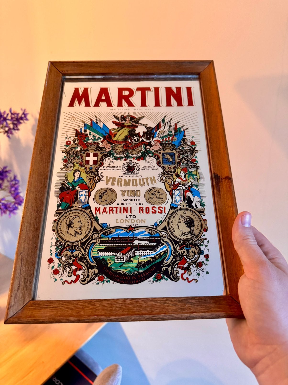 Martini Rossi Vintage Spiegel – Decoratieve Reclamespiegel, Antiek en Kunst, Antiek | Spiegels, Ophalen, Rechthoekig, Minder dan 50 cm
