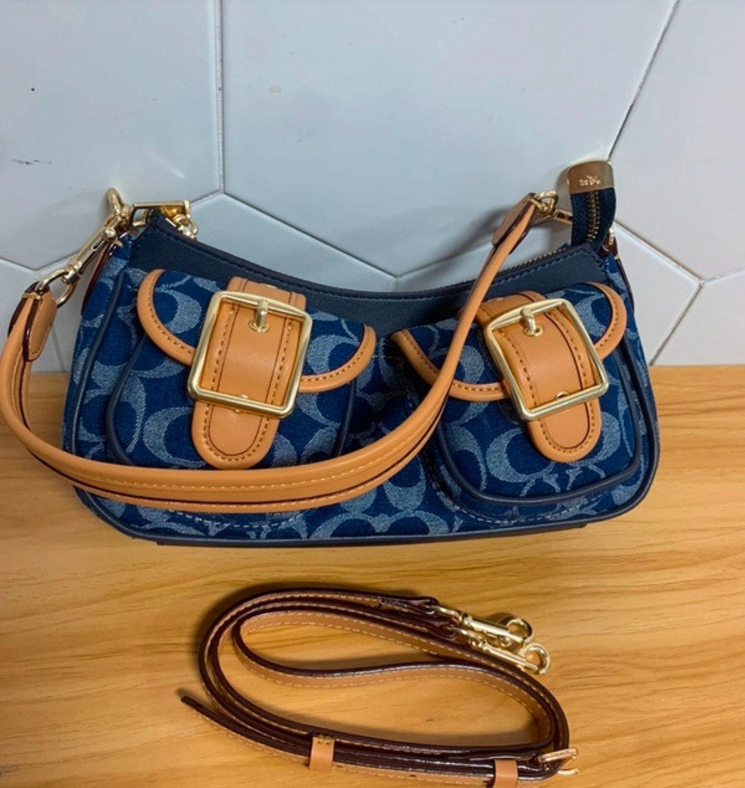Coach Schoudertasje Denim Monogram, Verzenden, Zo goed als nieuw, Blauw, Schoudertasje