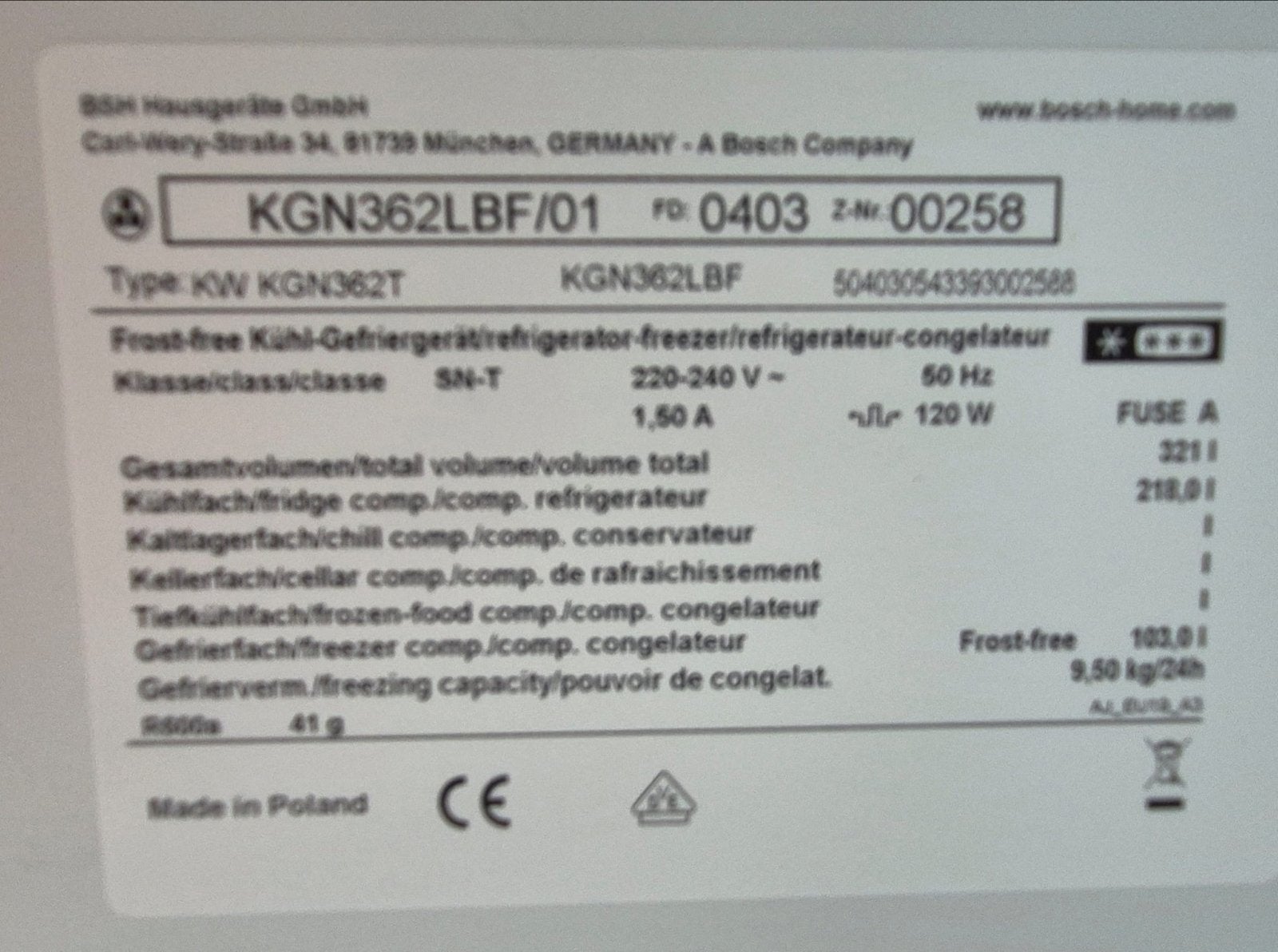 Bosch KGN362LBF/01 Koel-vriescombinatie - Roestvrij staal, Witgoed en Apparatuur, Ophalen, Gebruikt, 200 liter of meer, 60 cm of meer