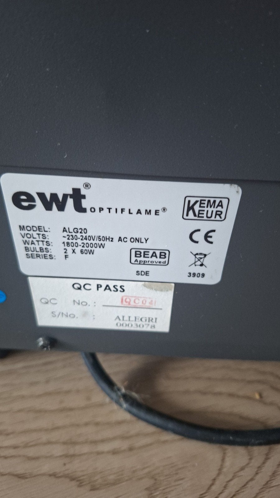 EWT Optiflame Elektrische Openhaard - Model ALG20, Ophalen, Gebruikt, Vrijstaande haard, Elektrische haard