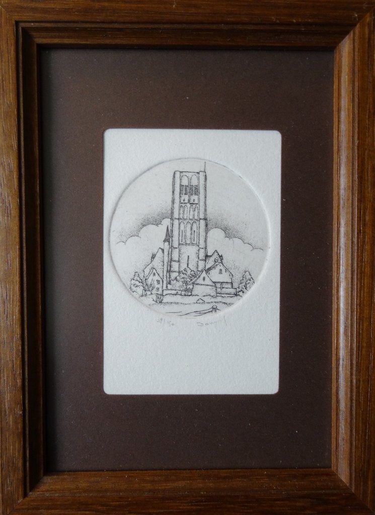 Klein rond etsje van kerktoren, Antiek en Kunst, Kunst | Etsen en Gravures, Ophalen of Verzenden, Ets, Gesigneerd