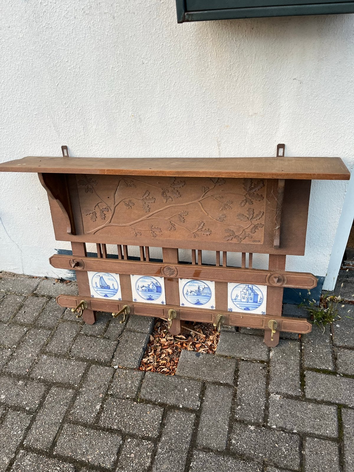 Vintage houten kapstok met Delfts blauwe tegels, Ophalen, Gebruikt, Hout, Wandkapstok