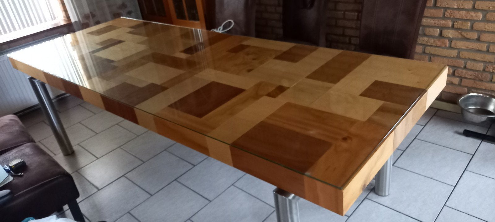 Eettafel met mozaïek blad en glazen plaat., Modern, Uniek, Mozaïek, 200 cm of meer, 50 tot 100 cm, Zo goed als nieuw