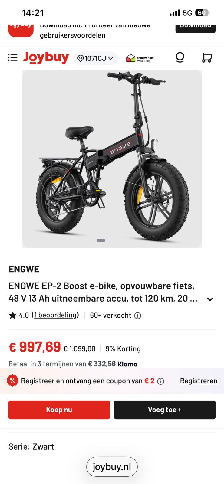 Engwe fatbike, Fietsen en Brommers, Ophalen of Verzenden, Zo goed als nieuw, 20 inch of meer