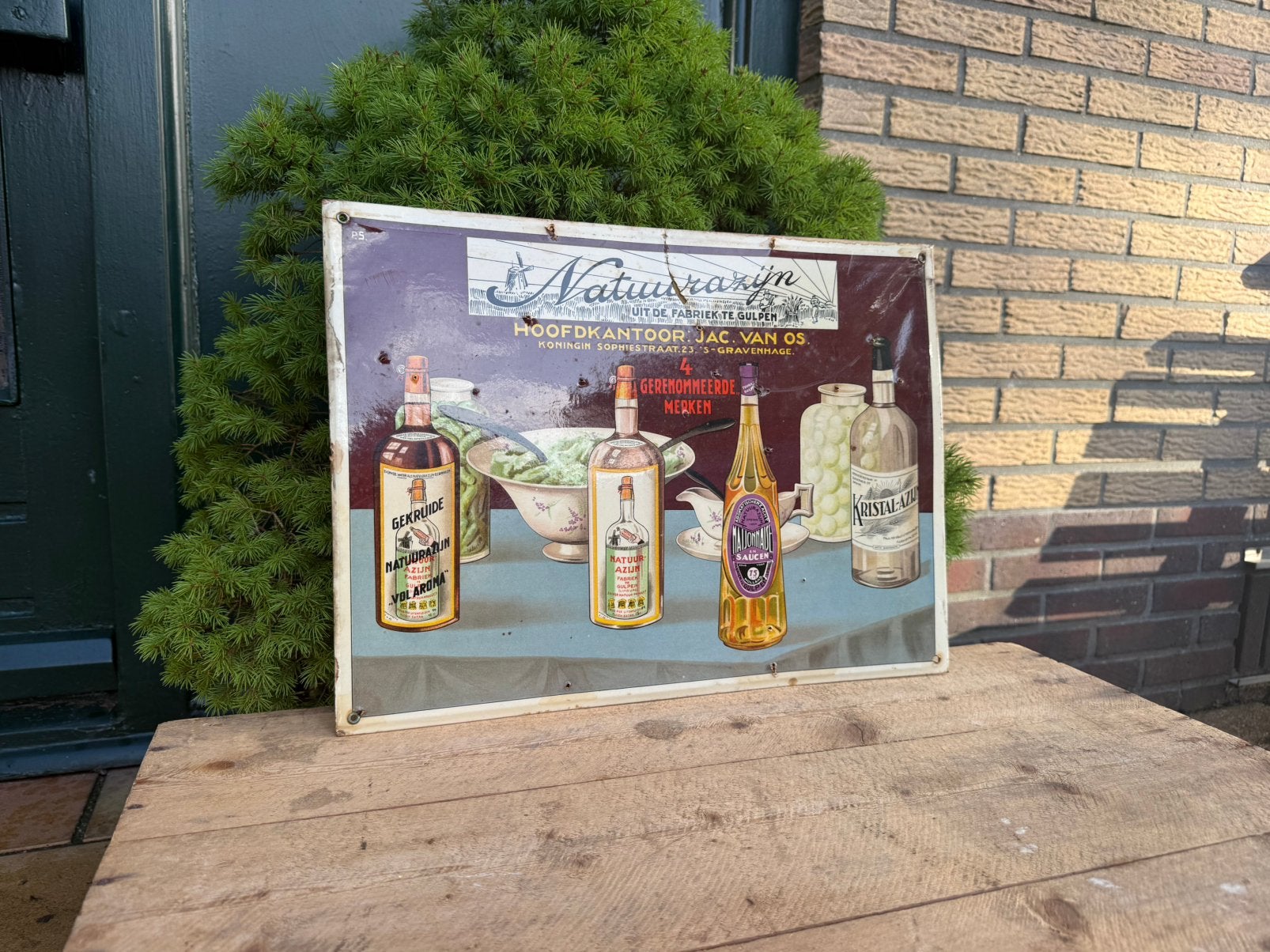 Oud reclamebord jac van os Gulpen Limburg natuuraziin azijn, Ophalen of Verzenden, Gebruikt, Reclamebord