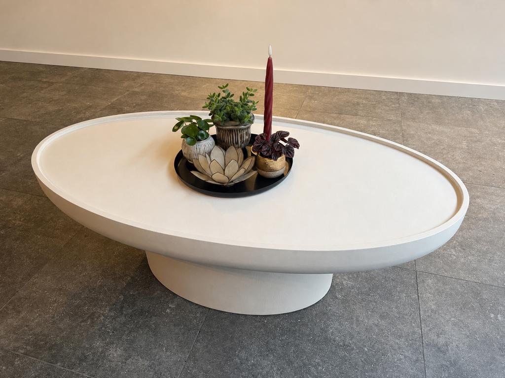 Salontafel Tess ovaal beige 120 cm betonlook, Japandi stijl, Huis en Inrichting, Tafels | Salontafels, Ophalen, Minder dan 50 cm