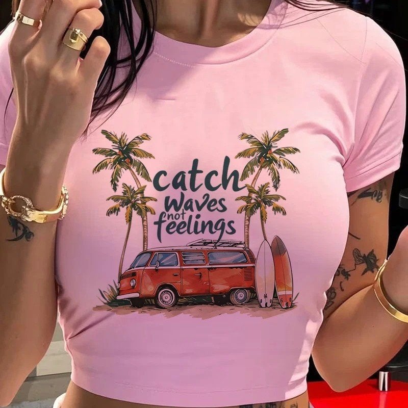 Luxe crop shirt Y2k stijl voor meiden - Catch Waves, Kleding | Dames, Ophalen of Verzenden, Nieuw, Maat 36 (S), Korte mouw