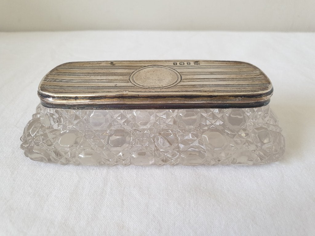 Kristallen sieradendoosje met zilver deksel Birmingham 925, Antiek en Kunst, Ophalen of Verzenden, Zilver