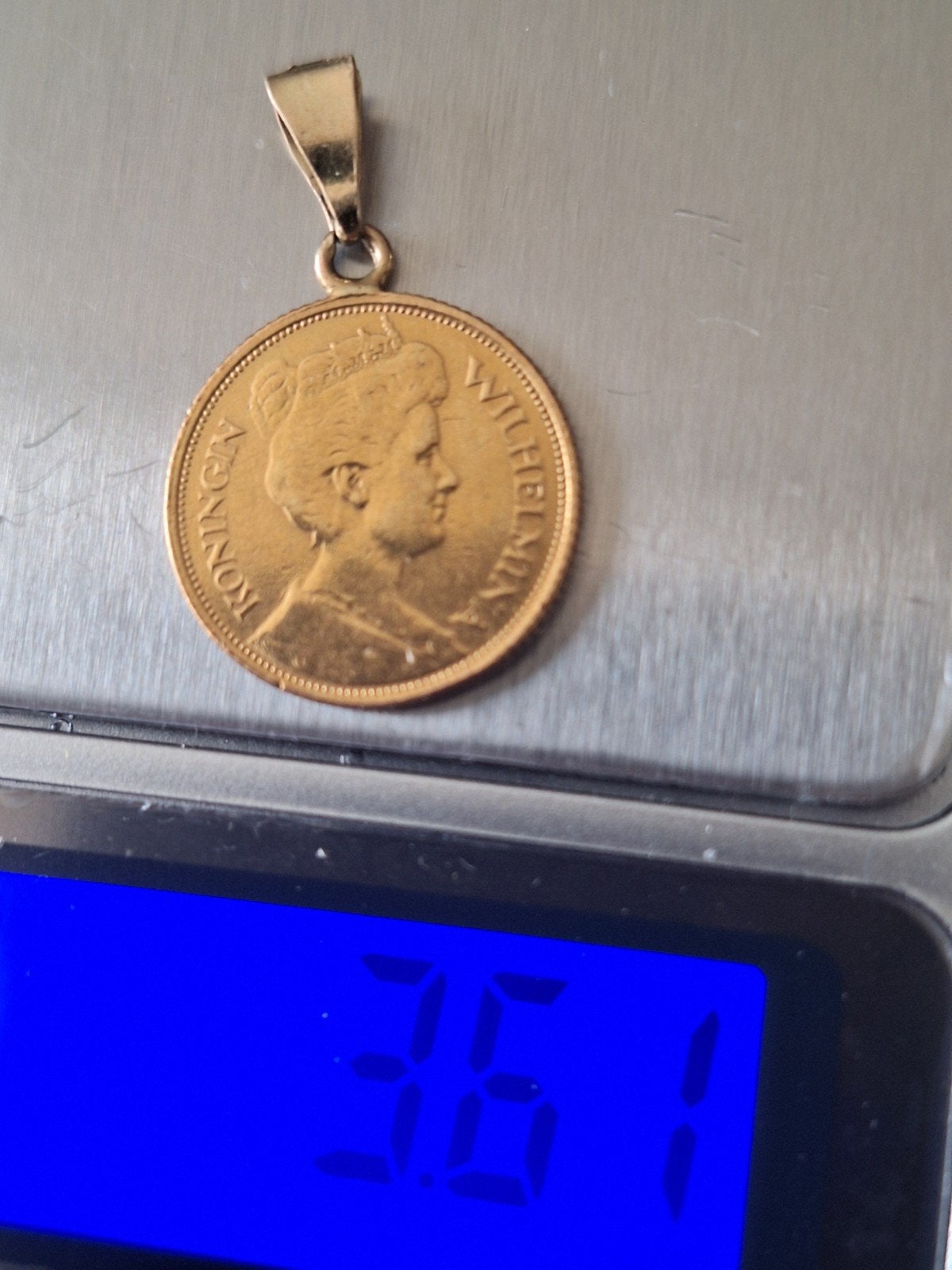 Wilhelmina Gouden Vijfje 1912  Hanger - Totaal 3.61 gram, Ophalen of Verzenden, Zo goed als nieuw, 17 tot 18, Dame