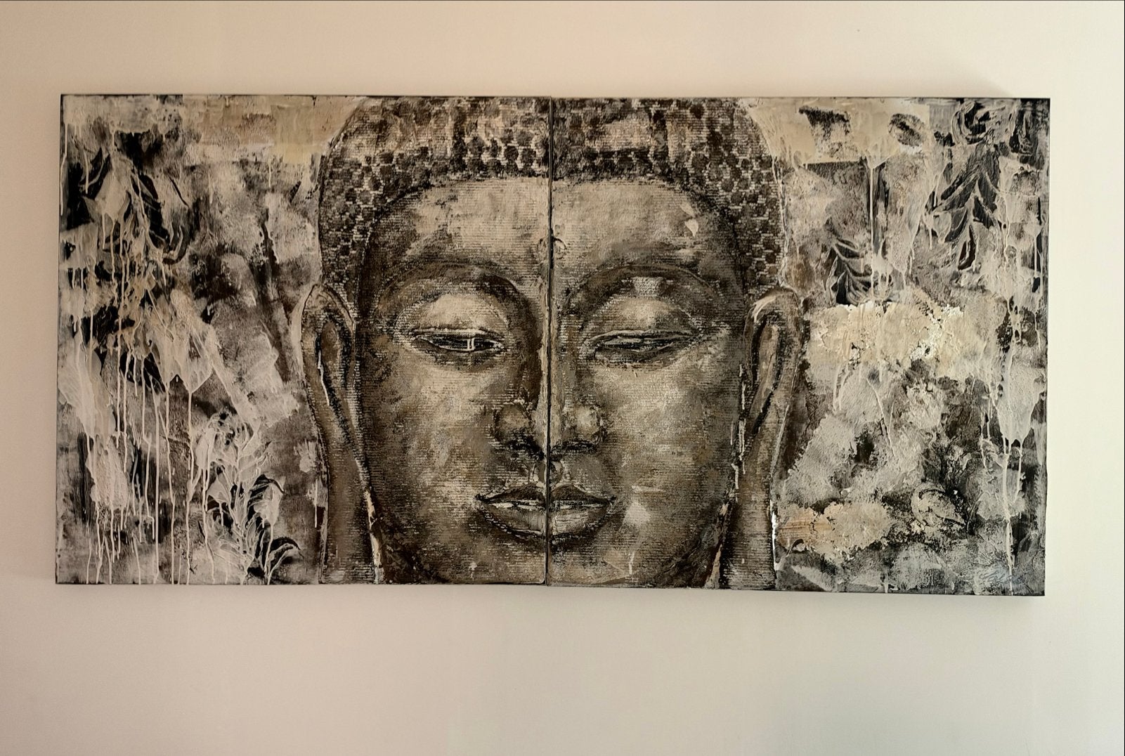 Groot Canvas Boeddha Schilderij met Reliëf - 200x100 cm, Ophalen of Verzenden, Origineel werk, Overige onderwerpen, Gemengde techniek