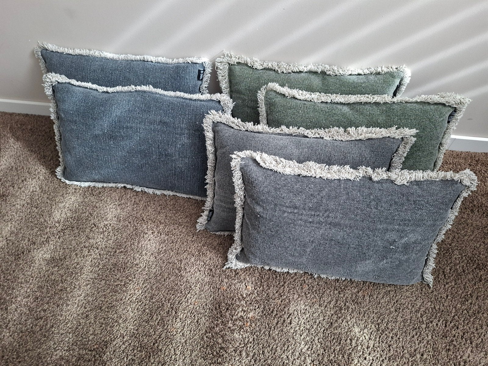 Set van 6 By-Boo kussens met franjes, diverse kleuren, Ophalen of Verzenden, Zo goed als nieuw, Groen, Rechthoekig