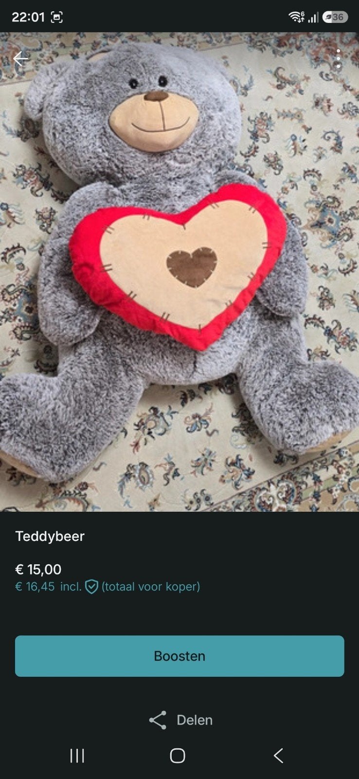Grote grijze teddybeer met rood hart, Overige merken, Overige karakters, Beer, Grijs