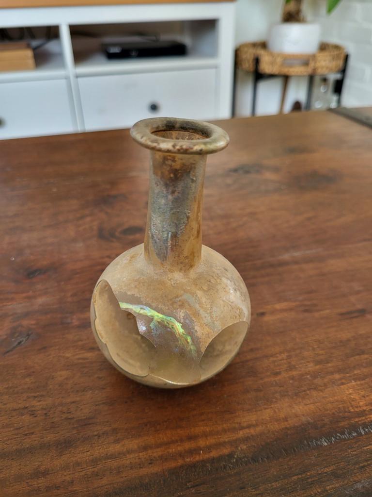 Antiek Romeins parfumflesje met iriserende patina, Ophalen of Verzenden