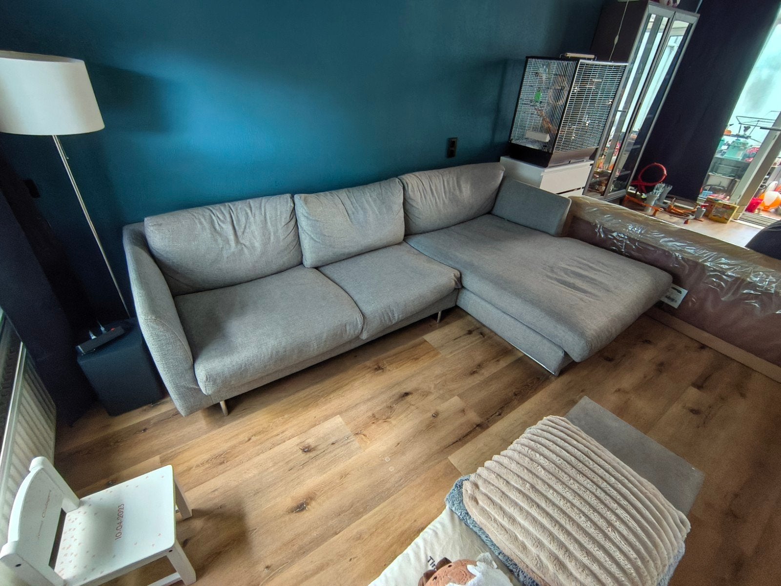 Comfortabele grijze hoekbank, Ophalen, 250 tot 300 cm, Gebruikt, Hoekbank