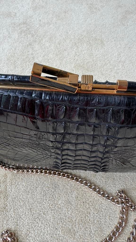 Vintage Krokodillen Leren Tas met Bijpassende Portemonnee, Ophalen of Verzenden, Gebruikt, Zwart, Schoudertasje