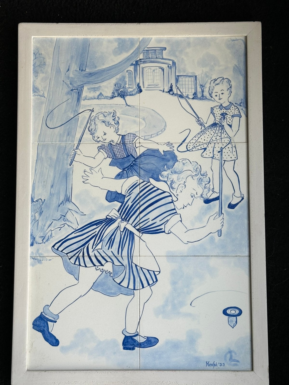 1956 Oud aardewerk tegel plateau delftsblauw 34/49cm, Ophalen of Verzenden