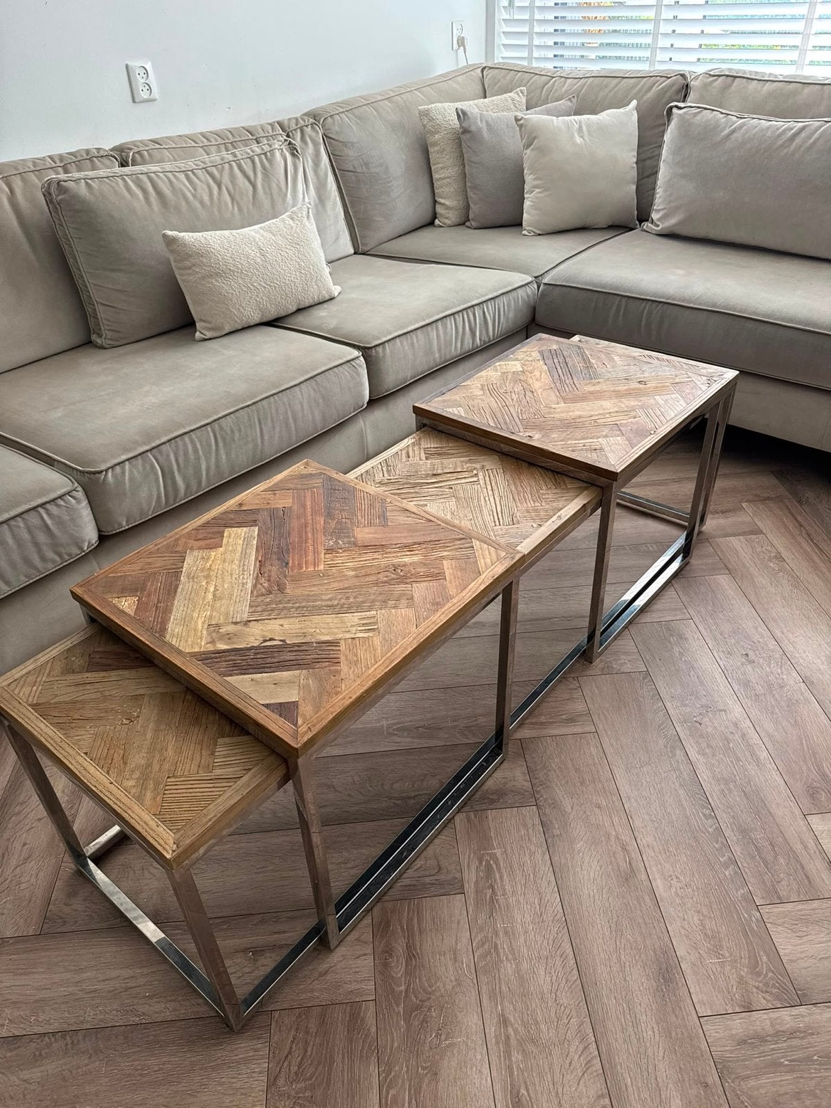 Set van 3 salontafels met visgraatmotief, Ophalen, 50 – 75, 50 tot 100 cm, Zo goed als nieuw