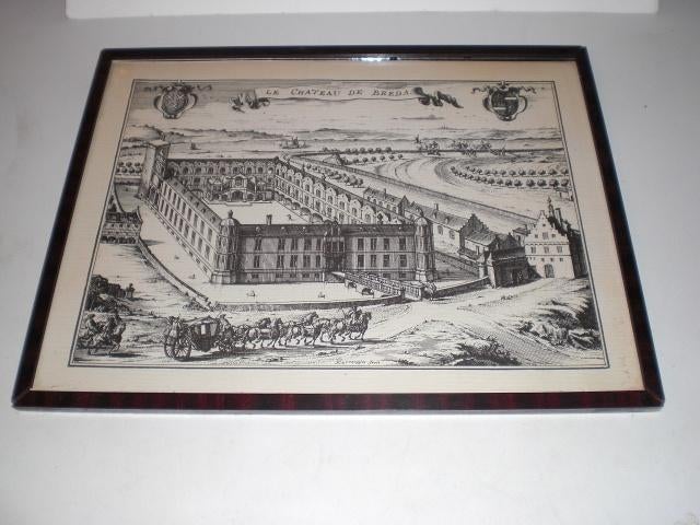 Ingelijste prent Le chateau de Breda Gekocht bij kunsthandel, Antiek en Kunst, Kunst | Etsen en Gravures, Ingelijst, 30 cm, Stadsgezicht